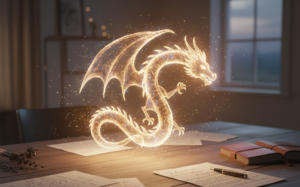 glowing dragon-shaped portal hovering just above a wooden table in a softly lit room