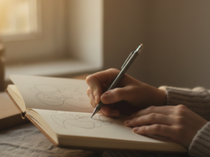 hands sketching at the book
