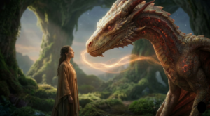 wise dragon and a woman standing face-to-face