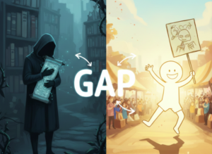 A split-screen illustration contrasting a skilled, hooded scholar hiding a glowing scroll in shadows against a simple, joyful figure