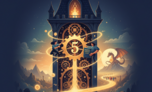 A whimsical clock tower where small golden gears labeled "5" illuminate a winding path toward a distant dragon on a mountain.