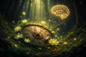 Glowing brain hovering above an overgrown antique clock in a magical forest