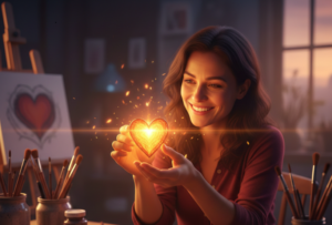 a lady holding a shining heart