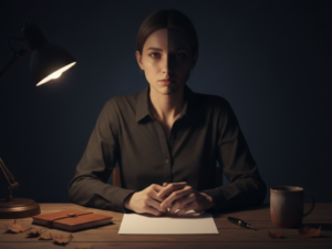 a person sitting alone at a wooden desk in a dark room at night