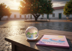 a snowball and a notebook on the table