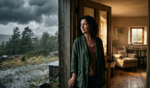 a woman looking outside thr stormy weather