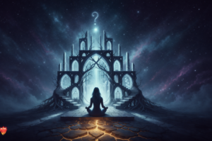 a woman meditating in a gothic realm 