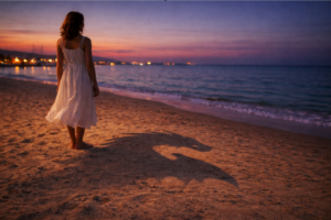 a woman with a dragon shadow at the beach