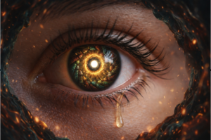 close-up f a human eye. Instead of a normal iris, the center looks like a swirling golden galaxy 500