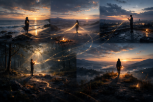 human silhouettes standing alone in very different landscapes