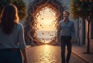 man and woman walking at the opposite direction