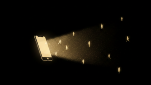smartphone floating in deep dark space with human silhouttes