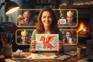 video call shot of 5 persons where they show their dragon drawing 
