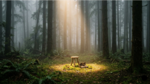 A simple wooden stool and a pair of boots sit in a mossy forest clearing illuminated by a single beam of sunlight.