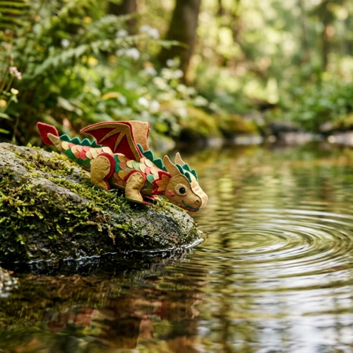 A small, hand-crafted felt dragon sits on a mossy rock beside a quiet pond with gentle ripples
