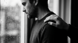 a man looking at the window and a hand patting his shoulder