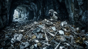 A massive, chaotic hoard of mundane items like forks, mirrors, and tinfoil fills the space, shimmering uselessly