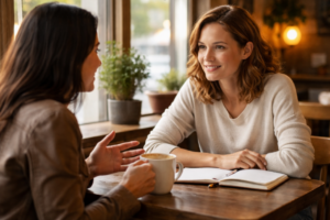 two women talking at the table
