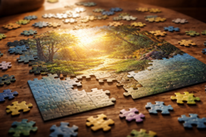 incomplete puzzle with parts scattered
