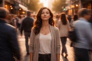 a calm lady walking in a crowded place