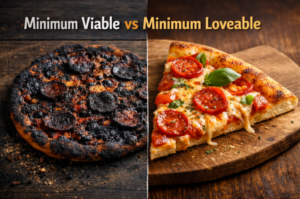 a burnt pizza on the left and a slice of delicious looking pizza on the right