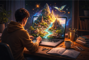 Person at a desk creating a miniature fantasy world emerging from a laptop screen