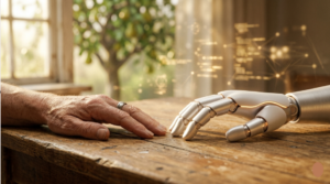  Gemini said Older and robotic hands resting on the table