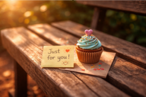 a cupcake with a note on the bench