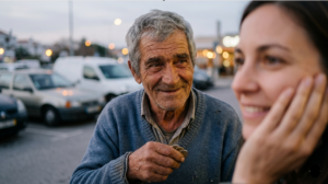 A man with a kind smile receives coins in a parking lot