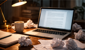 open laptop and crumpled papers