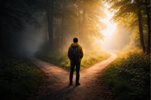 a man standing between 2 roads