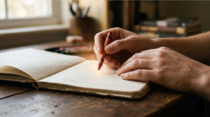 hands of a man writing on the empty notebook