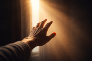 a male hand reaching out for light