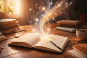 open book with magical light floating