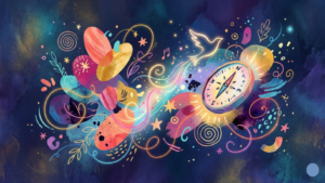 a whimsical compass, glowing threads, and abstract shapes floating in a deep blue space