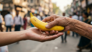  hand of old lady giving banana to another hand