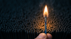A single lit match from a thousand matches