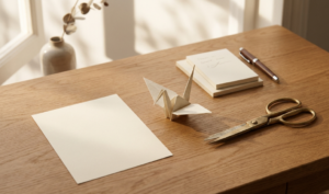 A swan origami on the table with notepad, pen and scissor