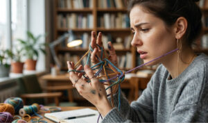 a woman's hand entangled with yarn