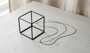 A conceptual minimalist photograph on concrete, showing a rigid black wire-frame cube on the left and a fluid, hand-drawn charcoal line gracefully curving around it on the right.