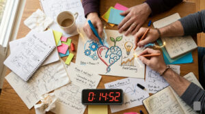 A scattered desk with hands scribbling something and a stop watch