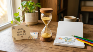 an hour-glass, notebook and small plant on the table