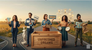 5 people standing and holding a little plackard with a big empty wooden box on their front