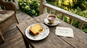 On the table sits a half-eaten slice of golden pound cake on a vintage floral plate, a steaming cup of tea, and a handwritten note that simply says, "Somebody loves you." 