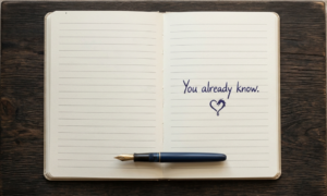 an open notebook with a "You already know" message and a pen