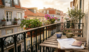 a typical Portuguese balcony with a contract on the table