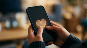 a man holding a cellphone with a heart in it
