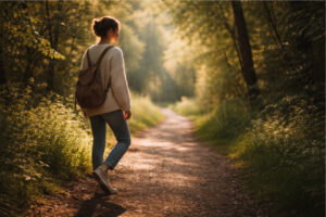 a woman in a forest with a knapsack in her back