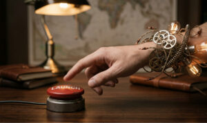 a hand of a lady ready to press the button