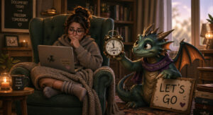 a lady looking at her laptop and a cute dragon on her side